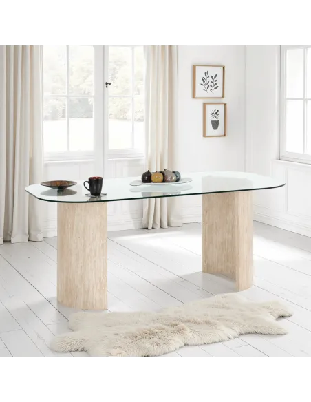 Modena Dining Table - Clear Glass/Cream Marble Effect