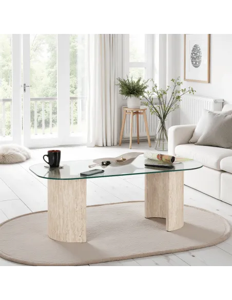 Modena Coffee Table - Clear Glass/Cream Marble Effect