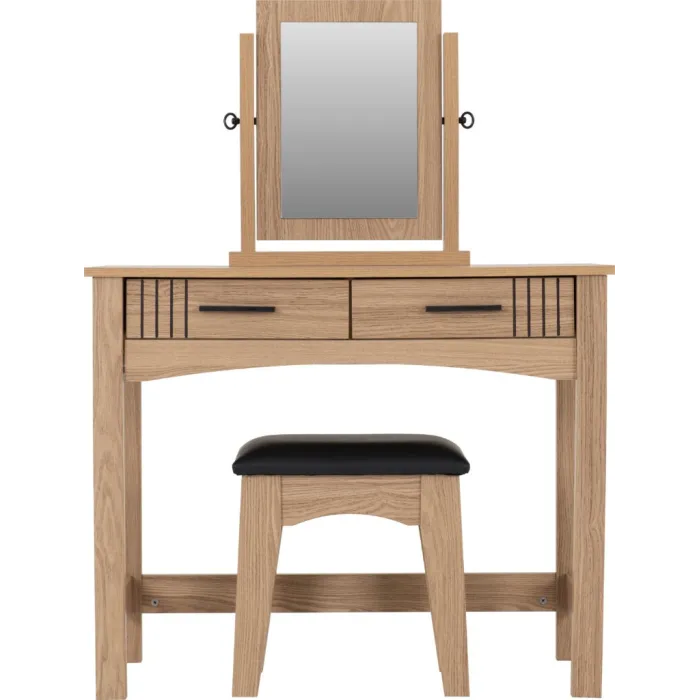 Tessa 2 Drawer Dressing Table Set - Natural Oak Effect/Black PU