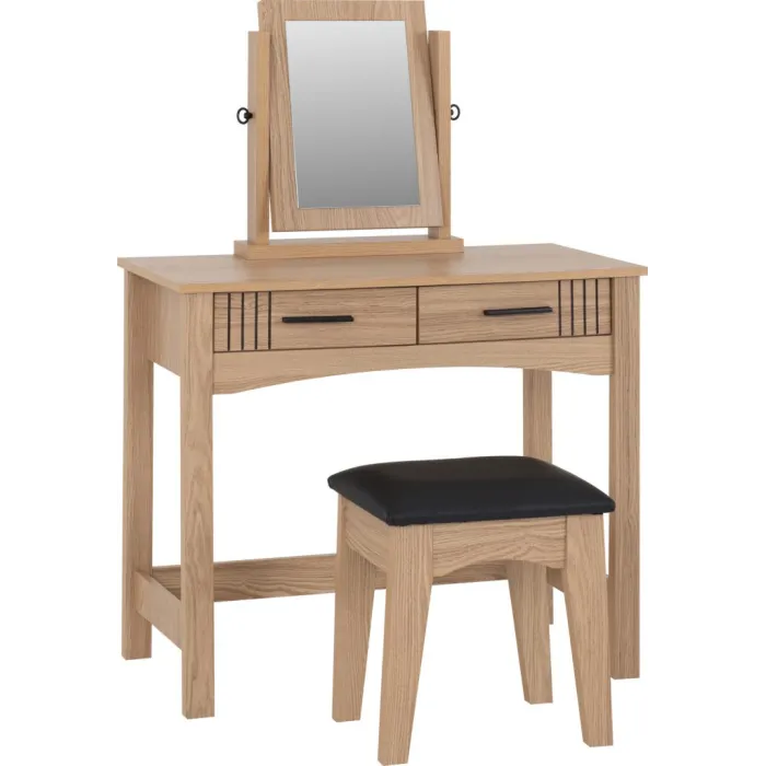 Tessa 2 Drawer Dressing Table Set - Natural Oak Effect/Black PU