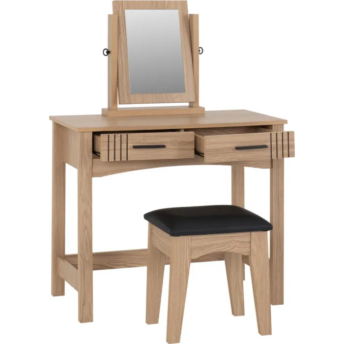 Tessa 2 Drawer Dressing Table Set - Natural Oak Effect/Black PU