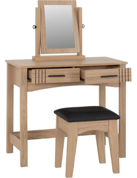 Tessa 2 Drawer Dressing Table Set - Natural Oak Effect/Black PU