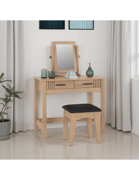 Tessa 2 Drawer Dressing Table Set - Natural Oak Effect/Black PU