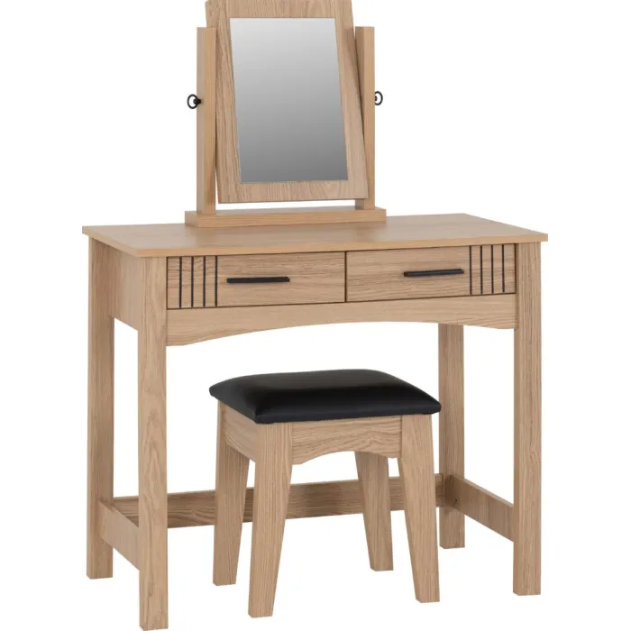 Tessa 2 Drawer Dressing Table Set - Natural Oak Effect/Black PU