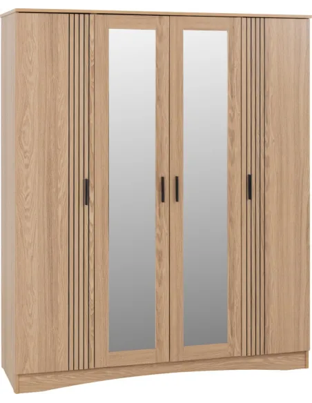 Tessa 4 Door Mirrored Wardrobe - Natural Oak Effect