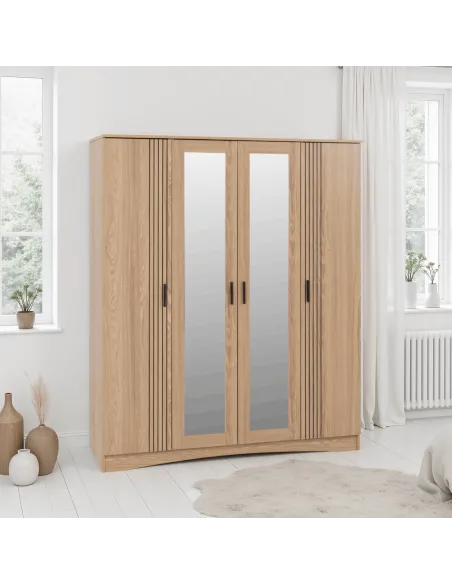 Tessa 4 Door Mirrored Wardrobe - Natural Oak Effect