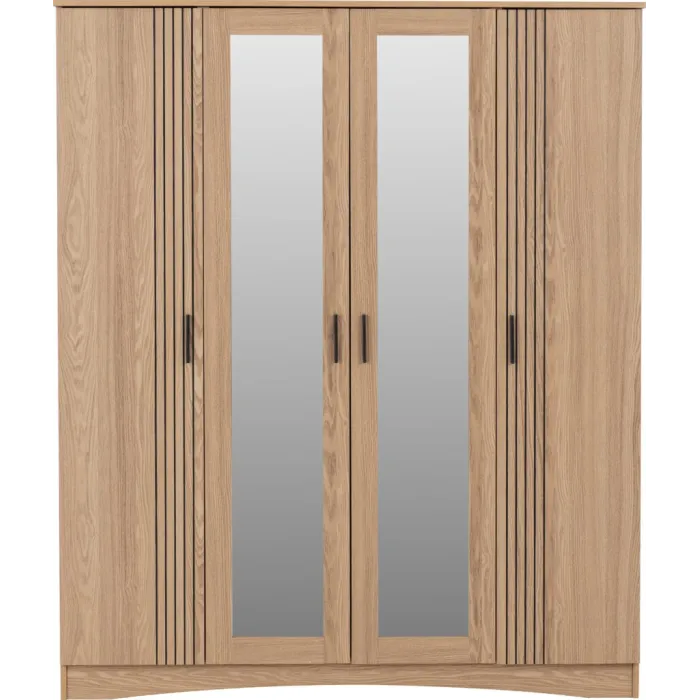 Tessa 4 Door Mirrored Wardrobe - Natural Oak Effect