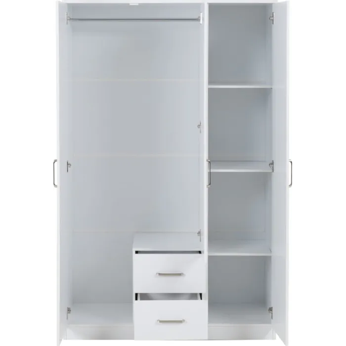 Dakota 3 Door 2 Drawer Mirrored Wardrobe - White