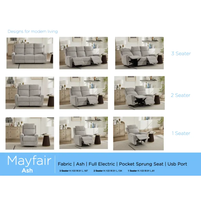 Mayfair 2 Seater Electric Sofa - Ash