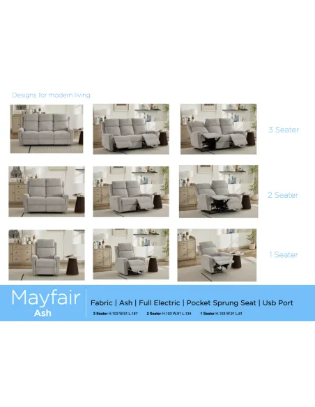 Mayfair 2 Seater Electric Sofa - Ash