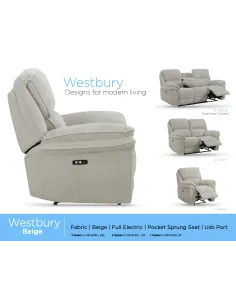 Westbury 3 Seater Electric Recliner Sofa - Beige 2