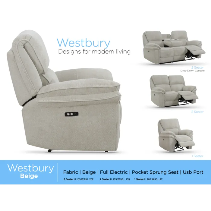 Westbury 2 Seater Electric Recliner - Beige