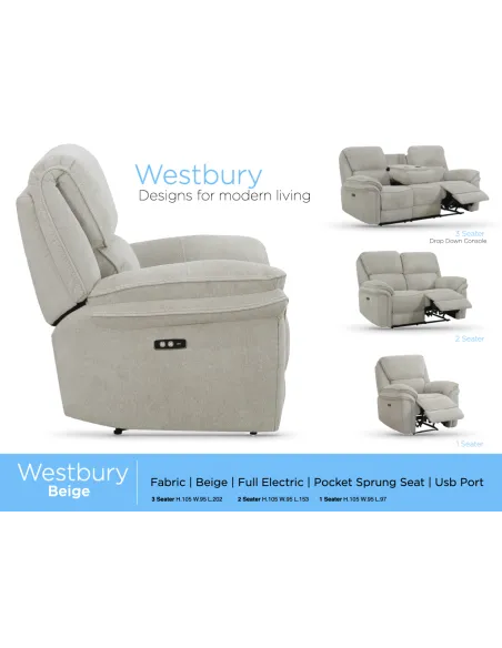 Westbury 2 Seater Electric Recliner - Beige