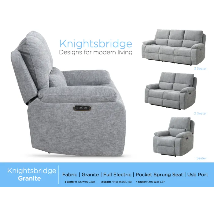 Knightsbridge Electric 3 Seater Sofa - Granite