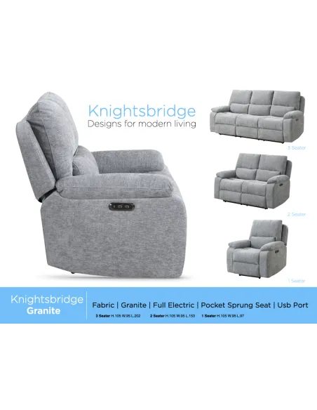 Knightsbridge Electric 3 Seater Sofa - Granite