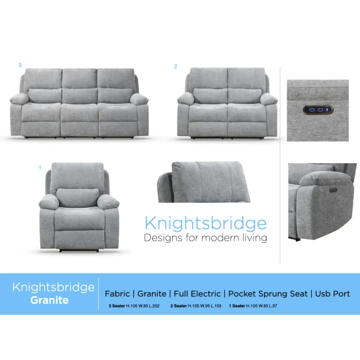 Knightsbridge Electric 3 Seater Sofa - Granite