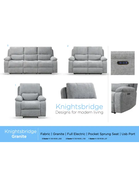 Knightsbridge Electric 3 Seater Sofa - Granite
