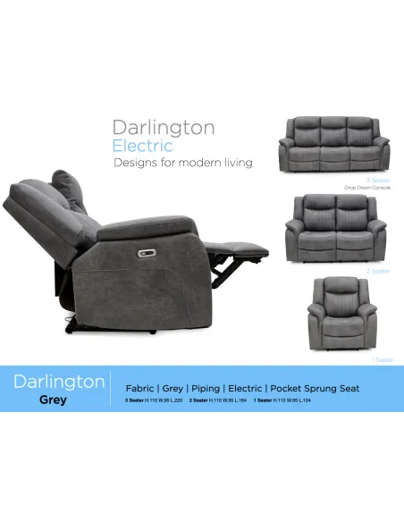 Darlington 3 Seater Electric Sofa with Console - Grey