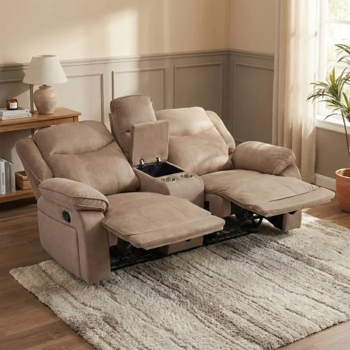 Clayton 2 Seater Recliner Sofa with Console - Light Brown