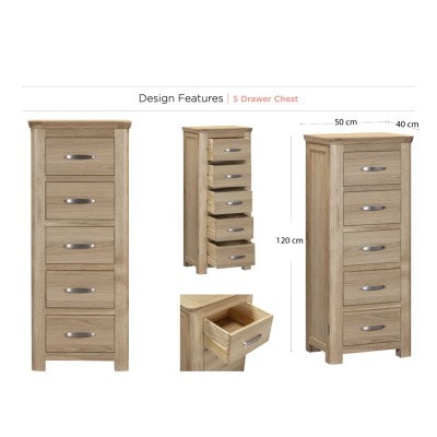 Treviso 5 Drawer Tallboy - Oak