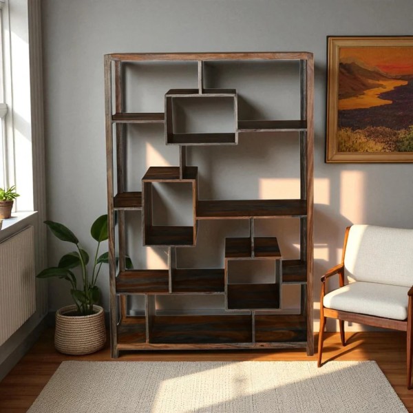 Cube Goa Geometric Bookcase - Dark Grey Stain and Rosewood Finish