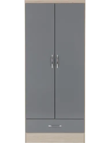 Nevada 2 Door 1 Drawer Wardrobe - Grey Gloss/Light Oak