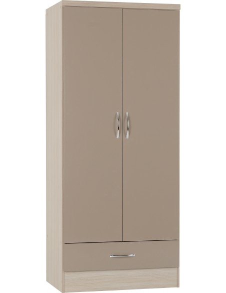 Nevada 2 Door 1 Drawer Wardrobe - Oyster Gloss/Light Oak