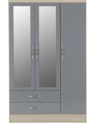 Nevada 3 Door 2 Drawer Wardrobe - Grey Gloss/Light Oak Effect Veneer