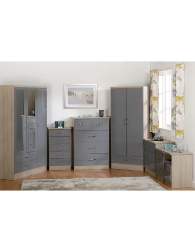 Nevada 3 Door 2 Drawer Wardrobe - Grey Gloss/Light Oak Effect Veneer