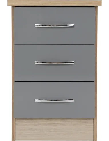 Nevada 3 Drawer Bedside Locker - Grey Gloss/Light Oak Effect Veneer