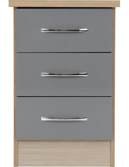 Nevada 3 Drawer Bedside Locker - Grey Gloss/Light Oak Effect Veneer