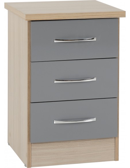 Nevada 3 Drawer Bedside Locker - Grey Gloss/Light Oak