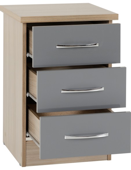 Nevada 3 Drawer Bedside Locker - Grey Gloss/Light Oak Effect Veneer