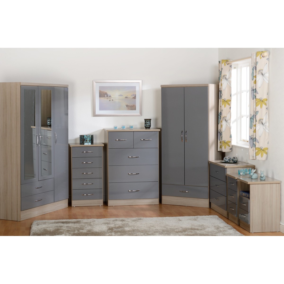 Nevada 3 Drawer Bedside Locker - Grey Gloss/Light Oak Effect Veneer