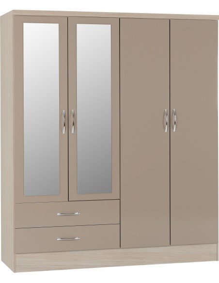 Nevada 4 Door 2 Drawer Wardrobe - Oyster Gloss/Light Oak