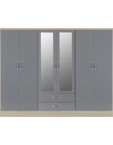 Nevada 6 Door 2 Drawer Wardrobe - Grey Gloss/Light Oak Effect Veneer