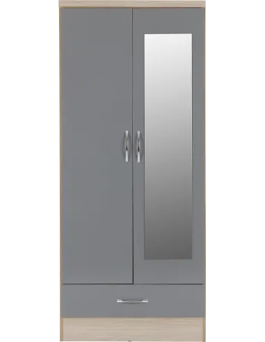 Nevada Mirrored 2 Door Wardrobe - Grey Gloss/Light Oak Effect Veneer