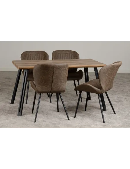 Quebec Wave Edge Dining Set (x4 Chairs) - Medium Oak Effect/Brown PU