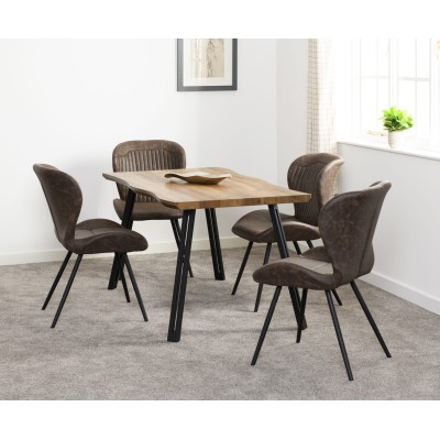 Quebec Wave Edge Dining Set (x4 Chairs) - Medium Oak Effect/Brown PU