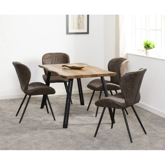 Quebec Wave Edge Dining Set (x4 Chairs) - Medium Oak Effect/Brown PU