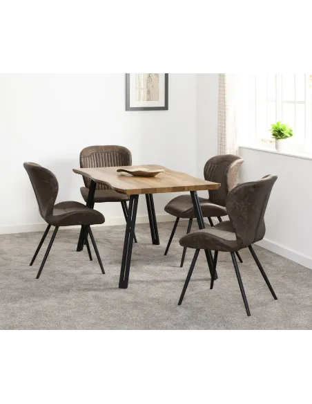Quebec Wave Edge Dining Set (x4 Chairs) - Medium Oak Effect/Brown PU
