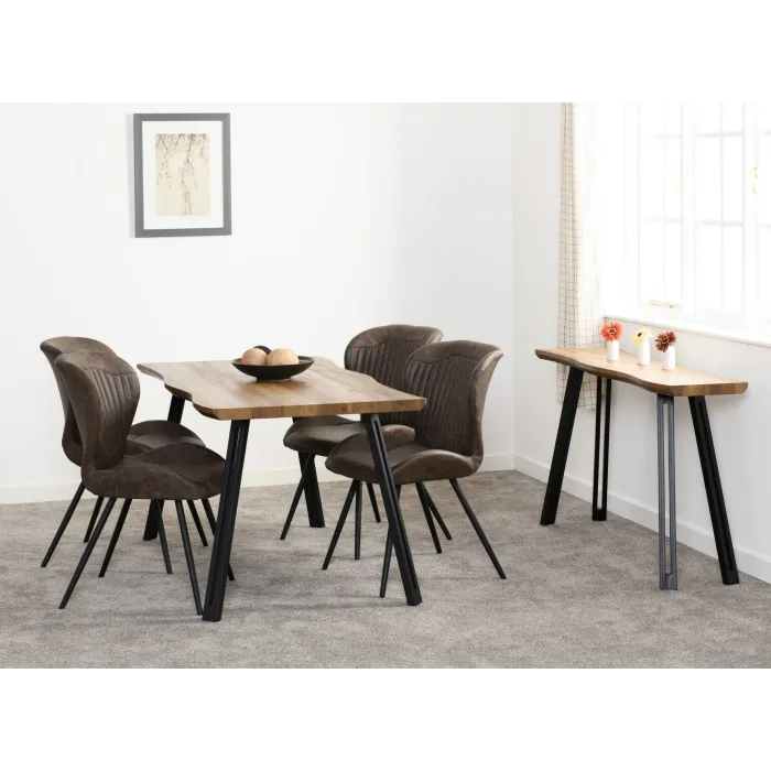 Quebec Wave Edge Dining Set (x4 Chairs) - Medium Oak Effect/Brown PU
