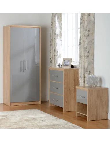 Seville 2 Door Wardrobe - Grey Gloss/Light Oak Effect Veneer