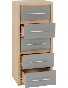 Seville 5 Drawer Narrow Chest - Grey Gloss/Light Oak Effect Veneer 2