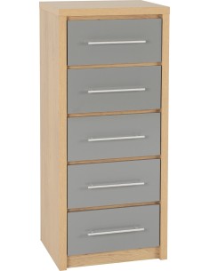 Seville 5 Drawer Narrow Chest - Grey Gloss/Light Oak Effect Veneer