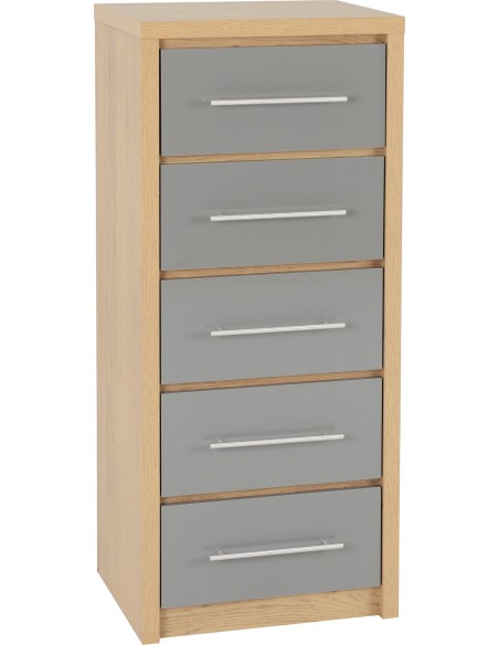 Seville 5 Drawer Narrow Chest - Grey Gloss/Light Oak Effect Veneer