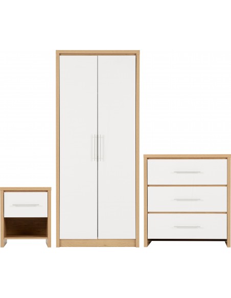 Seville 3 Piece Bedroom Set - White Gloss/Light Oak