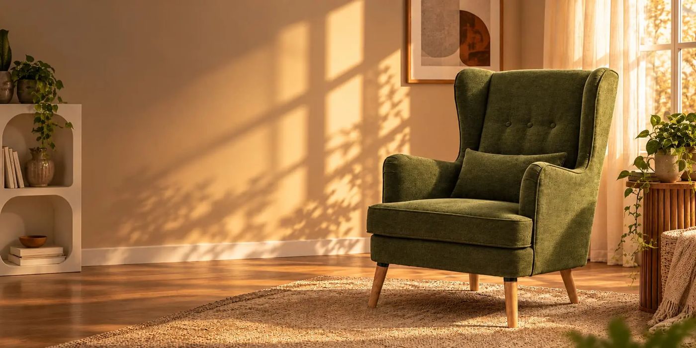 Green armchair in warm light