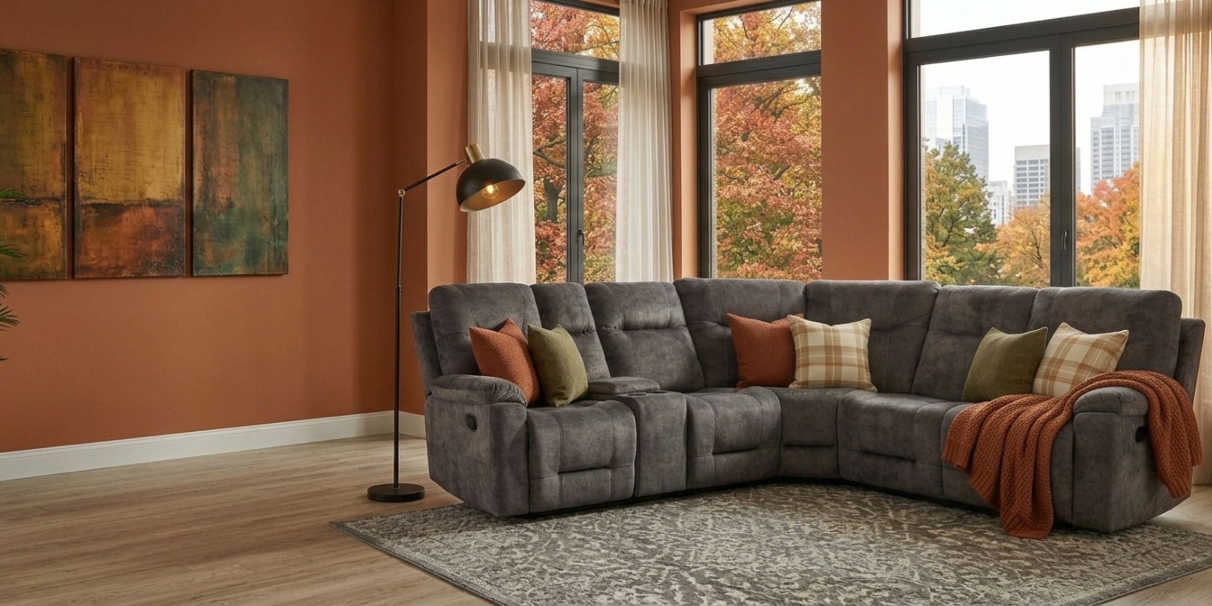 Autumn living room with a grey recliner corner sofa