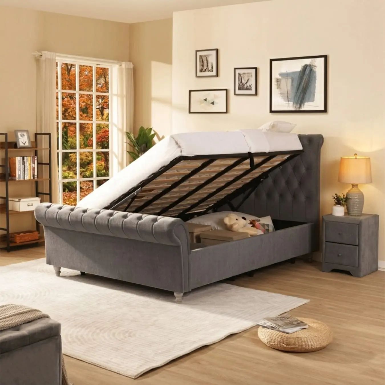Grey upholstered ottoman bed